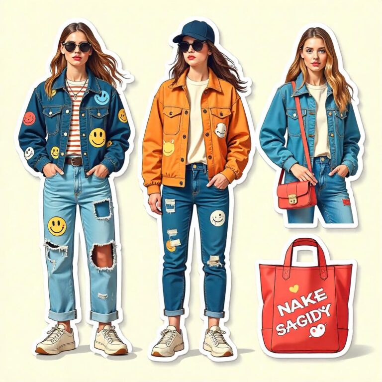 A collection of Icon Fashionista Stickers applied to trendy jackets, sneakers, and tote bags, featuring high-definition no-blur designs in modern graphic styles.