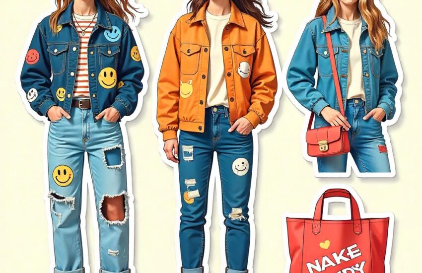 A collection of Icon Fashionista Stickers applied to trendy jackets, sneakers, and tote bags, featuring high-definition no-blur designs in modern graphic styles.