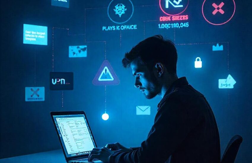 Abstract illustration depicting the concept of Incestflox, showing a shadowy figure using a laptop surrounded by symbols of digital culture, niche platforms, and online anonymity.