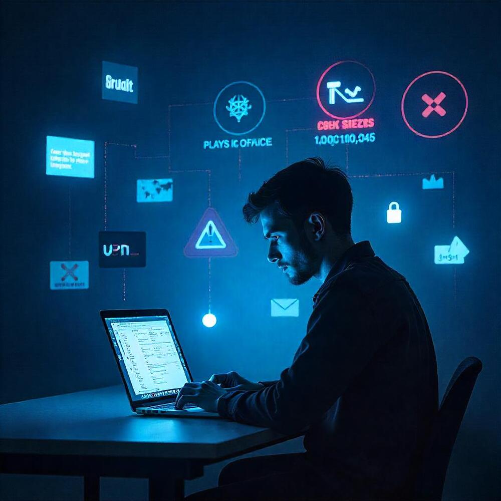 Abstract illustration depicting the concept of Incestflox, showing a shadowy figure using a laptop surrounded by symbols of digital culture, niche platforms, and online anonymity.