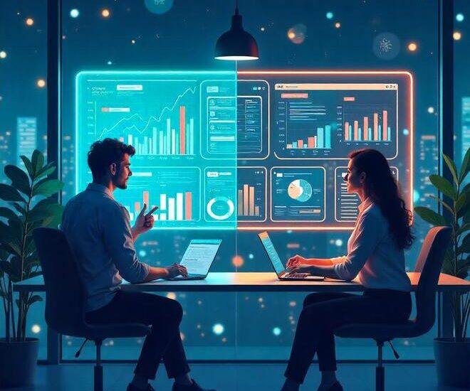 Business team using RaterPoint to conduct real-time performance evaluations and feedback on a digital dashboard with charts and survey tools.
