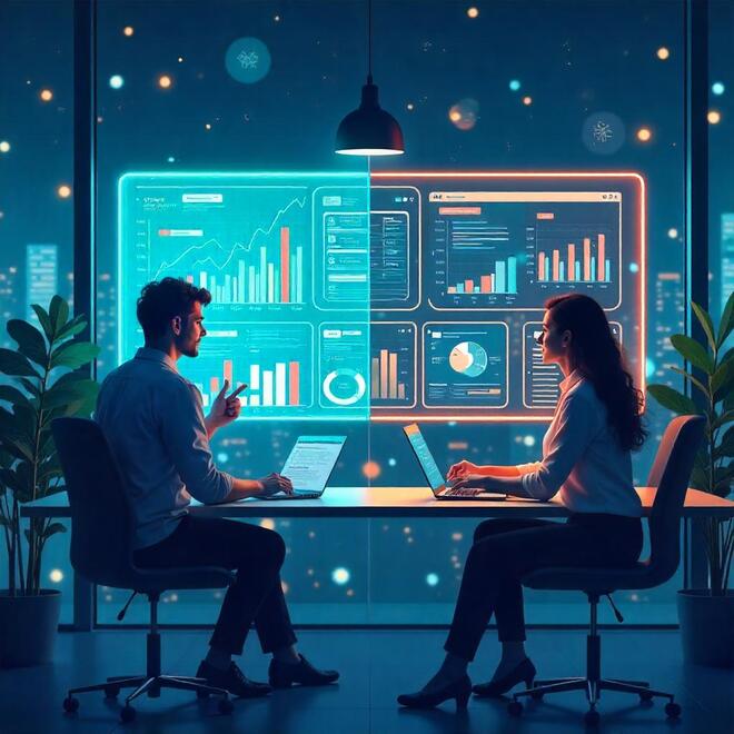 Business team using RaterPoint to conduct real-time performance evaluations and feedback on a digital dashboard with charts and survey tools.