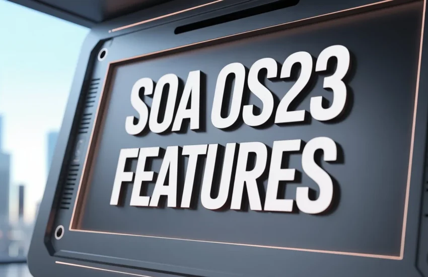 Dashboard interface showcasing SOA OS23 features like improved API management, enhanced security, and real-time monitoring for business integration.