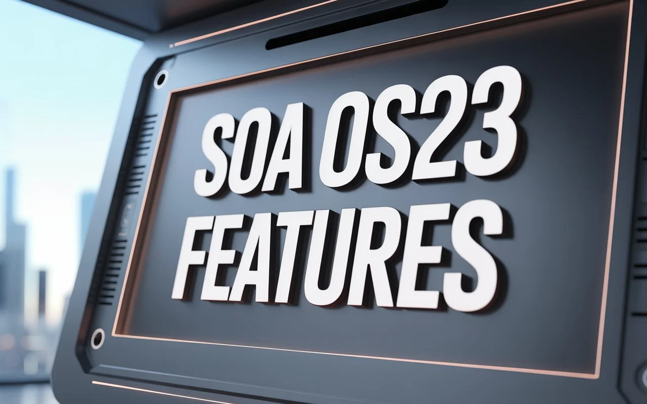 Dashboard interface showcasing SOA OS23 features like improved API management, enhanced security, and real-time monitoring for business integration.