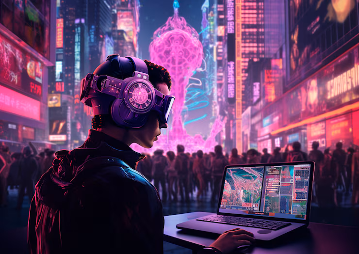 Illustration of the Sinpcity digital platform interface showcasing immersive gaming and creative tools, highlighting its intuitive design and vibrant community features.
