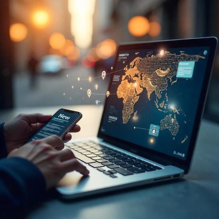 Telegraph247 digital news platform interface on mobile and laptop screens, featuring real-time updates and global communication icons.