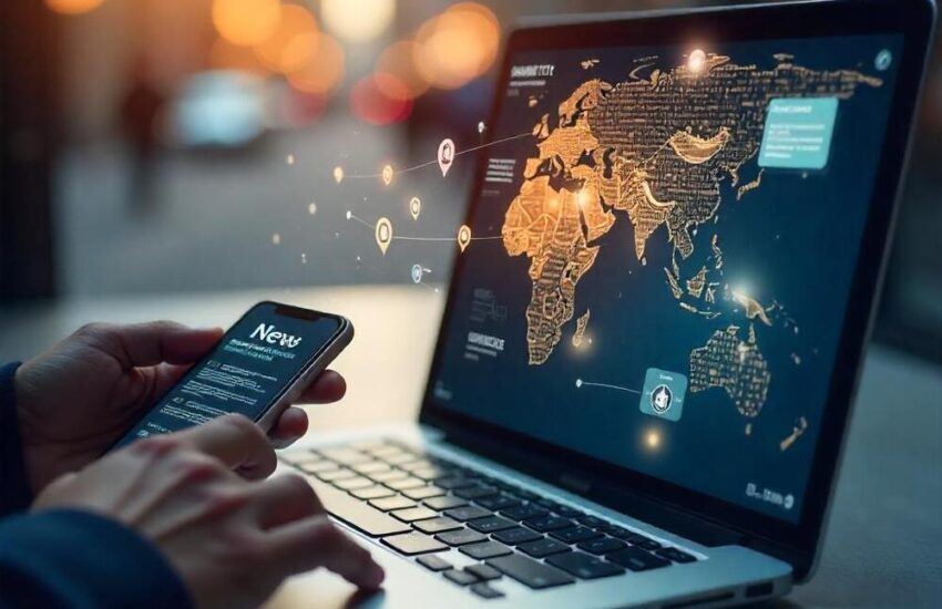 Telegraph247 digital news platform interface on mobile and laptop screens, featuring real-time updates and global communication icons.