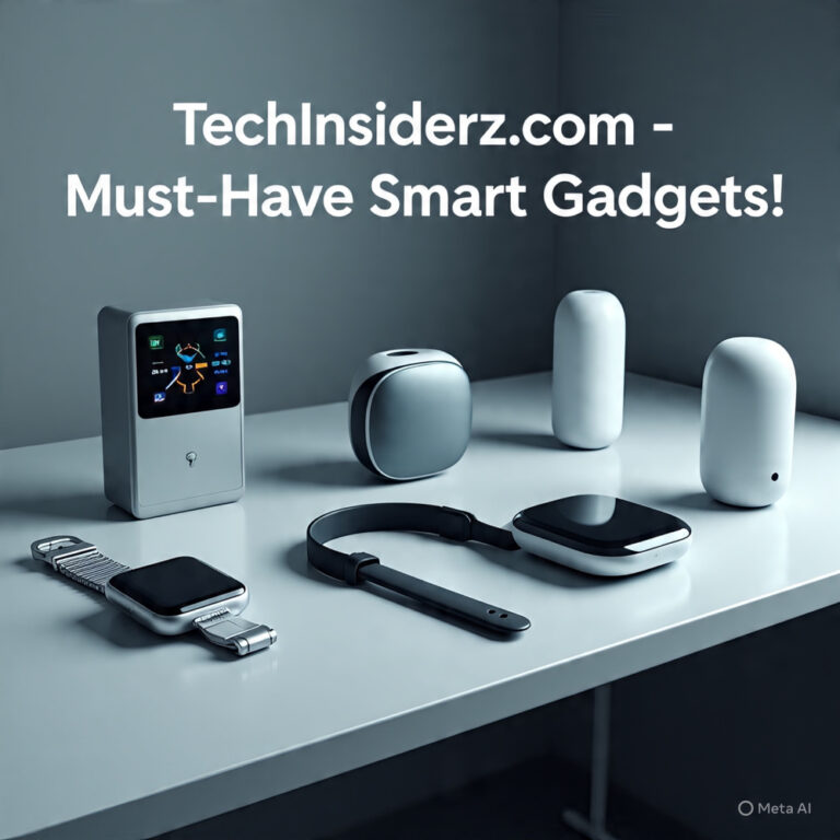 Flat-lay display of TechInsiderz.com gadgets including a smartwatch, smart thermostat, VR headset, and AI-powered home device—showcasing the latest in smart technology and innovation for 2025.