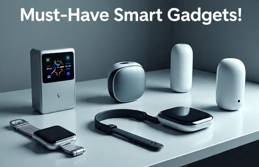 Flat-lay display of TechInsiderz.com gadgets including a smartwatch, smart thermostat, VR headset, and AI-powered home device—showcasing the latest in smart technology and innovation for 2025.