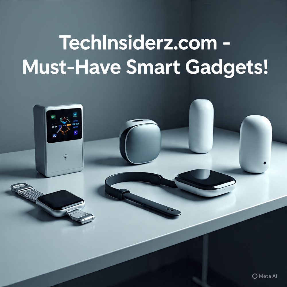 Flat-lay display of TechInsiderz.com gadgets including a smartwatch, smart thermostat, VR headset, and AI-powered home device—showcasing the latest in smart technology and innovation for 2025.