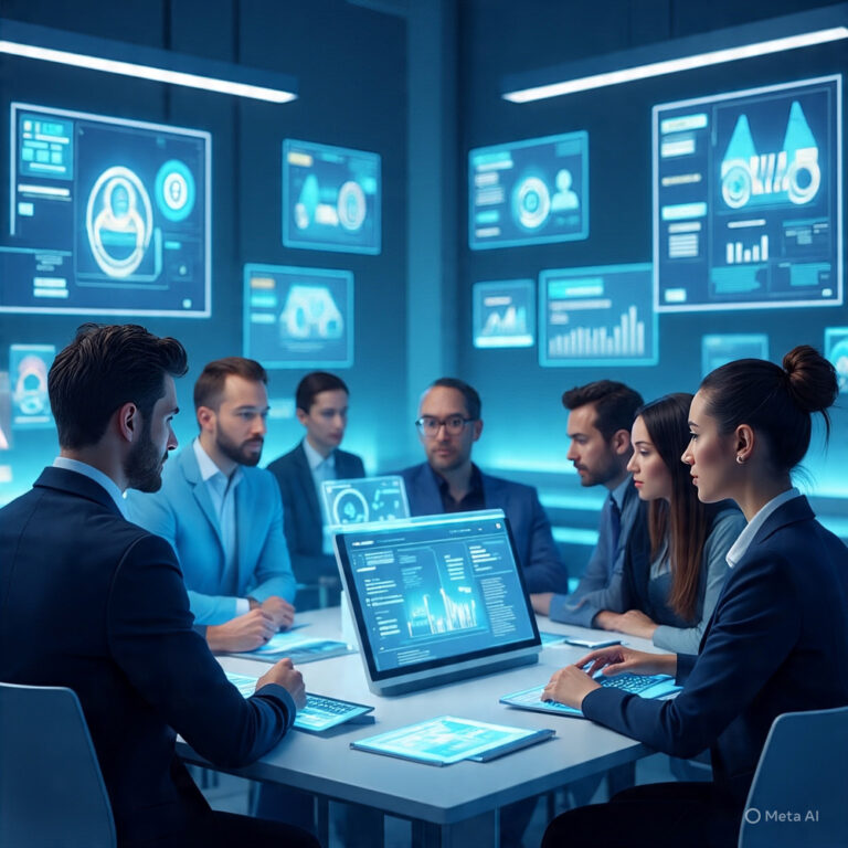 Futuristic newsroom showcasing Innovation News DualMedia with professionals interacting with AI data, quantum computing visuals, and interactive content dashboards.