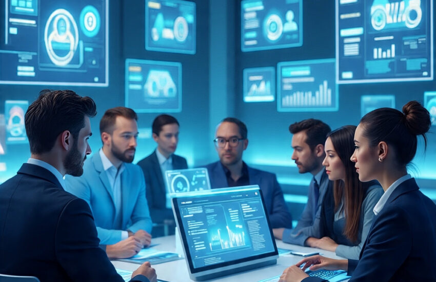 Futuristic newsroom showcasing Innovation News DualMedia with professionals interacting with AI data, quantum computing visuals, and interactive content dashboards.
