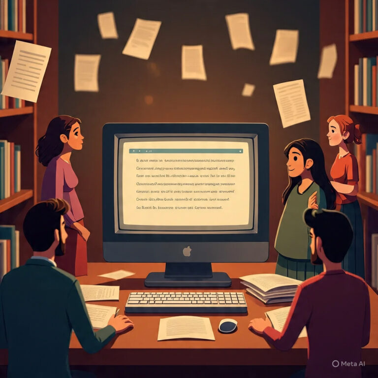 Illustration of The Kristen Archives digital library showcasing diverse storytelling and community engagement in a vintage online reading platform.