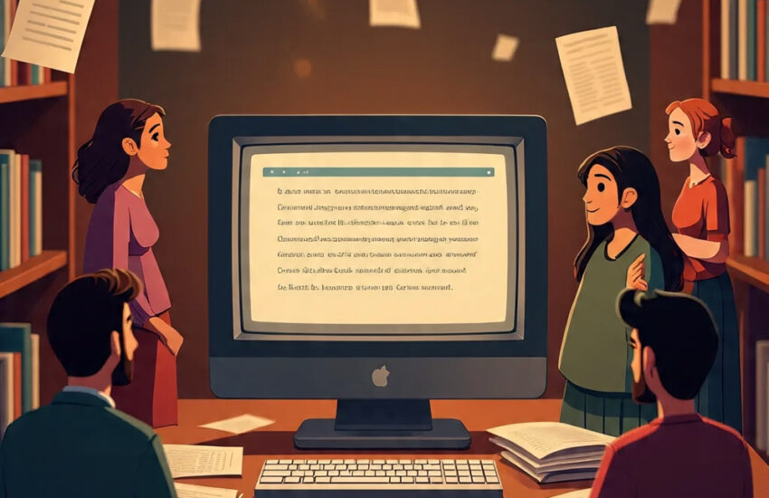 Illustration of The Kristen Archives digital library showcasing diverse storytelling and community engagement in a vintage online reading platform.