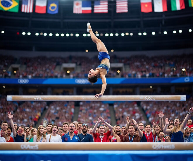 Female gymnast performing a mid-air flip on the balance beam during the Artistic Gymnastics Olympics, with a cheering crowd and Olympic banners in the background.