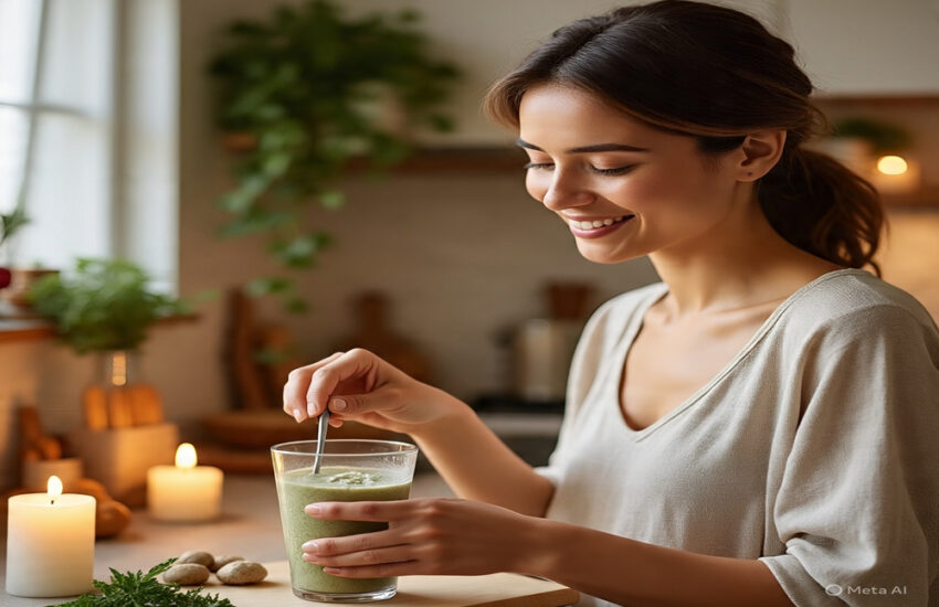 Woman preparing a smoothie with Candizi supplement in a modern kitchen, showcasing natural wellness and adaptogenic herbs for holistic health.