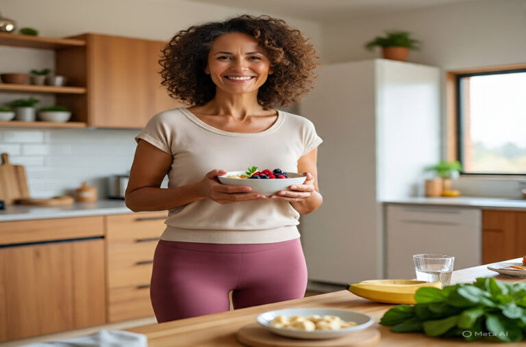 Woman enjoying herbal tea in a modern kitchen as part of her daily colon detox solutions routine, promoting gut health and overall wellness.