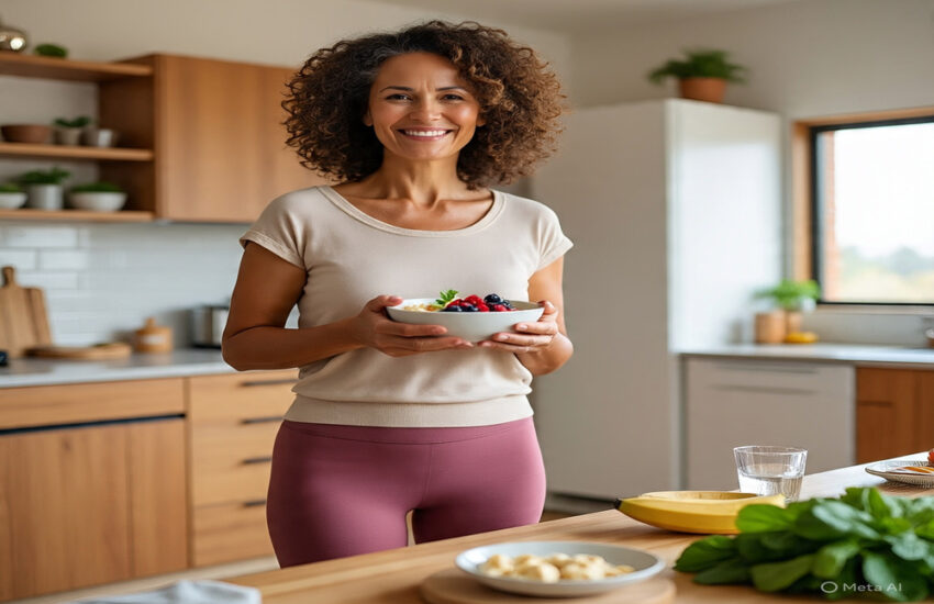 Woman enjoying herbal tea in a modern kitchen as part of her daily colon detox solutions routine, promoting gut health and overall wellness.