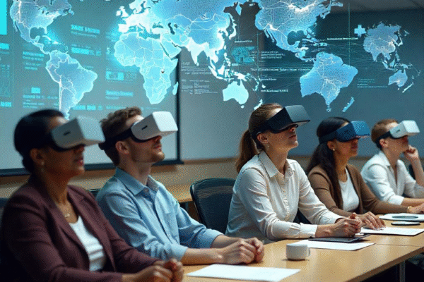 Students in a Classroom 15x vs 20x environment using VR headsets with global digital maps, showcasing immersive, tech-driven learning.