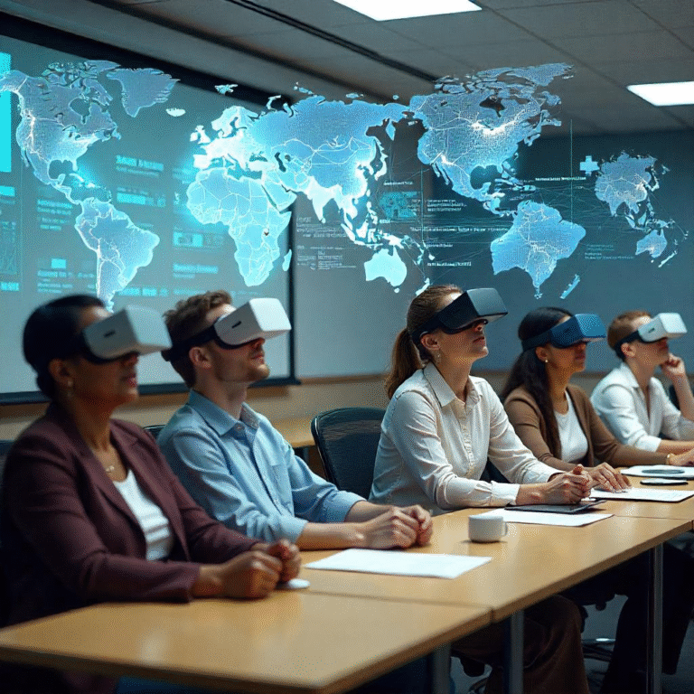 Students in a Classroom 15x vs 20x environment using VR headsets with global digital maps, showcasing immersive, tech-driven learning.