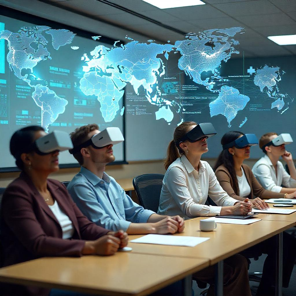 Students in a Classroom 15x vs 20x environment using VR headsets with global digital maps, showcasing immersive, tech-driven learning.