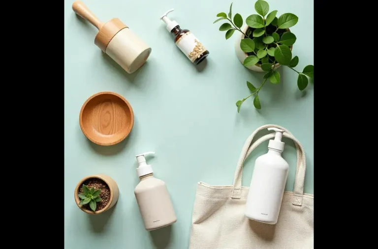 Flat lay of eco-friendly lifestyle products including pump bottles, wooden bowls, potted plants, and a canvas bag on a pastel background – Qullnowisfap sustainable living essentials.