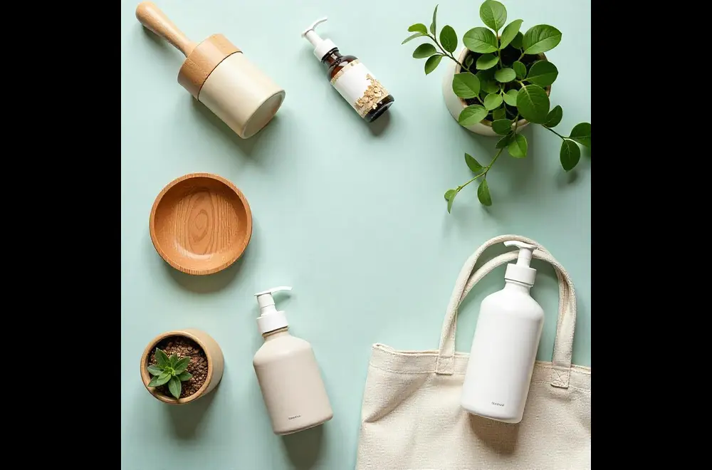 Flat lay of eco-friendly lifestyle products including pump bottles, wooden bowls, potted plants, and a canvas bag on a pastel background – Qullnowisfap sustainable living essentials.