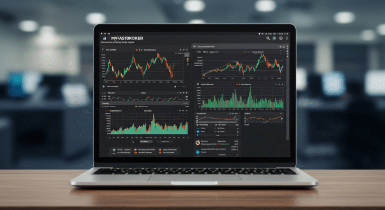 Dashboard interface showcasing myfastbroker trading apps on desktop and mobile devices, highlighting real-time market data and trading tools.
