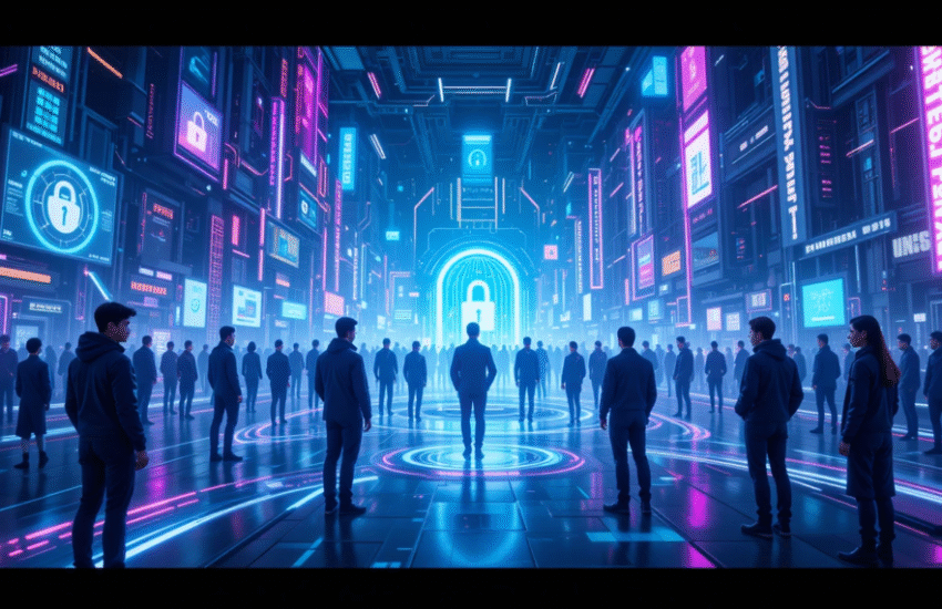 Digital landscape of Online World SeveredBytes showing immersive avatars, secure environments, and community interactions.