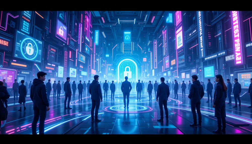 Digital landscape of Online World SeveredBytes showing immersive avatars, secure environments, and community interactions.