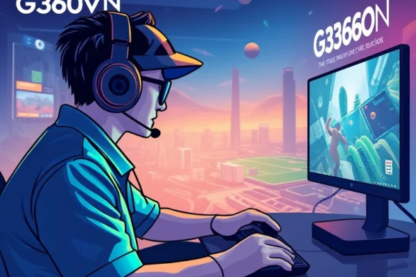 G360VN gamer playing on high-tech PC setup with digital cityscape background, representing Vietnam's digital age and gaming evolution.