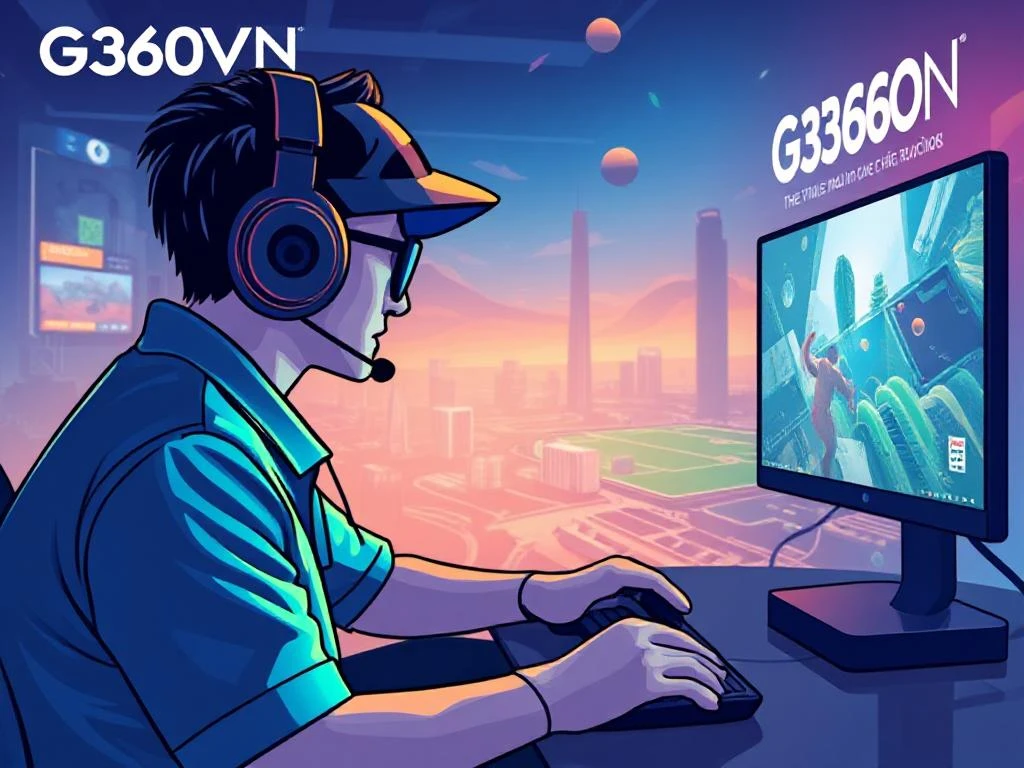 G360VN gamer playing on high-tech PC setup with digital cityscape background, representing Vietnam's digital age and gaming evolution.