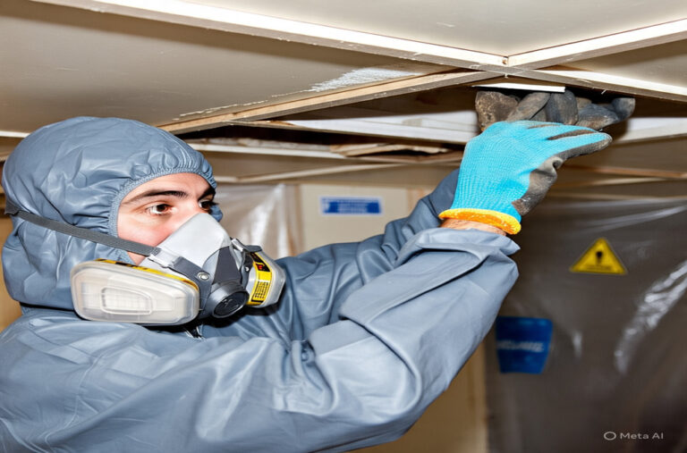 Homeowner in protective gear removing asbestos ceiling tiles in a sealed room with safety barriers – DIY asbestlint removal process.