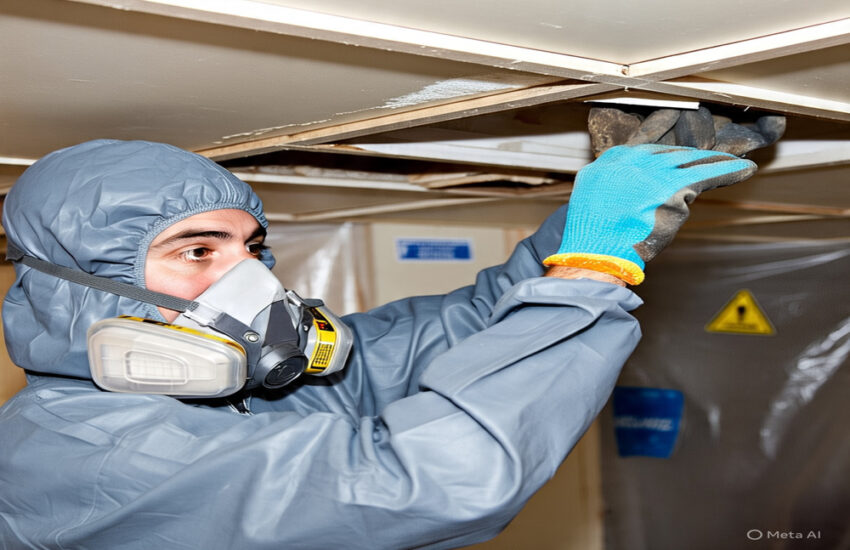 Homeowner in protective gear removing asbestos ceiling tiles in a sealed room with safety barriers – DIY asbestlint removal process.