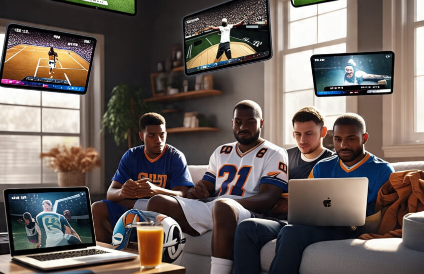 Sports fans streaming live games on Viprow.us.com across devices including football, basketball, and soccer.