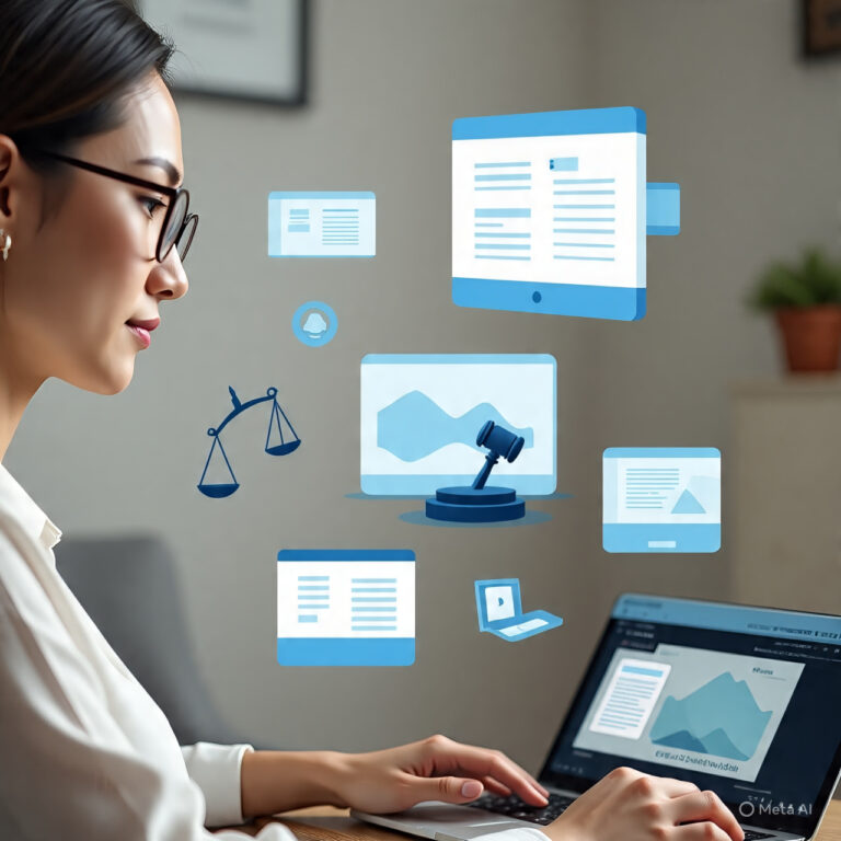 Person exploring legal resources on MyLawyer360.com website with legal icons on screen representing online legal help and digital attorney services.