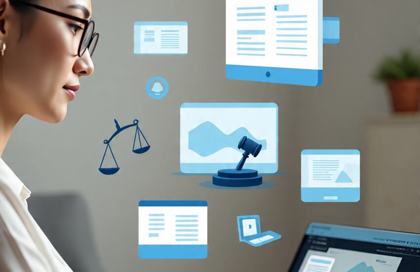 Person exploring legal resources on MyLawyer360.com website with legal icons on screen representing online legal help and digital attorney services.