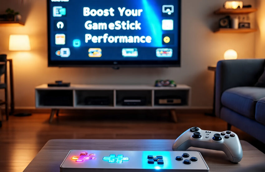 Manual Settings HSSGameStick connected to TV with wireless controllers, showcasing resolution and control customization for optimized gaming performance.