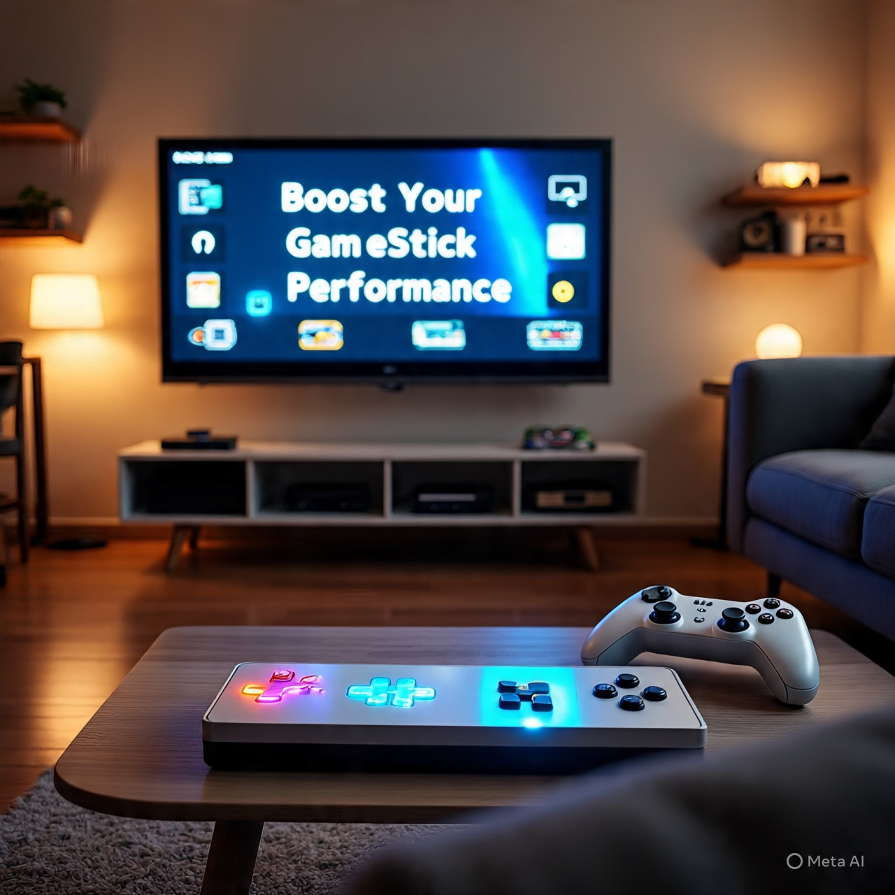 Manual Settings HSSGameStick connected to TV with wireless controllers, showcasing resolution and control customization for optimized gaming performance.
