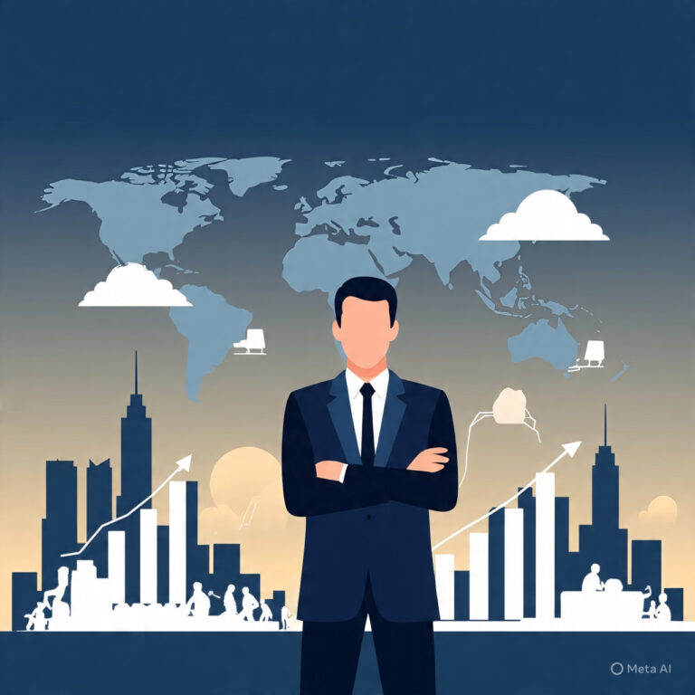 Illustration of entrepreneur Cyrus Cyrus Nikou Net Worth figure in a business suit, standing confidently with financial graphs and a modern city skyline in the background — symbolizing wealth, business strategy, and financial success.