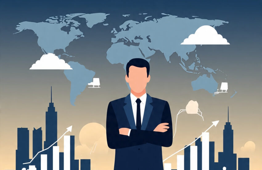 Illustration of entrepreneur Cyrus Cyrus Nikou Net Worth figure in a business suit, standing confidently with financial graphs and a modern city skyline in the background — symbolizing wealth, business strategy, and financial success.