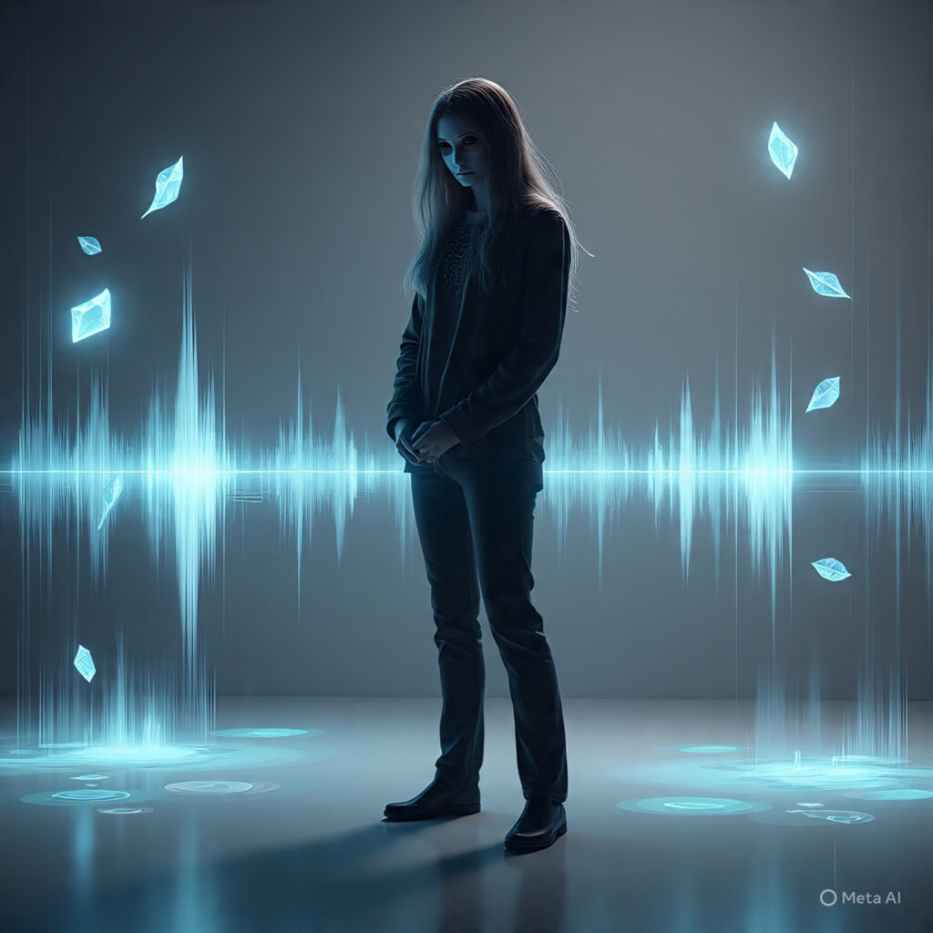 Abstract digital artwork of Amanda Labollita-inspired figure surrounded by ambient soundwaves and minimalist visuals, symbolizing HLBAlbums Amanda Labollita blend of wellness, innovation, and digital artistry.
