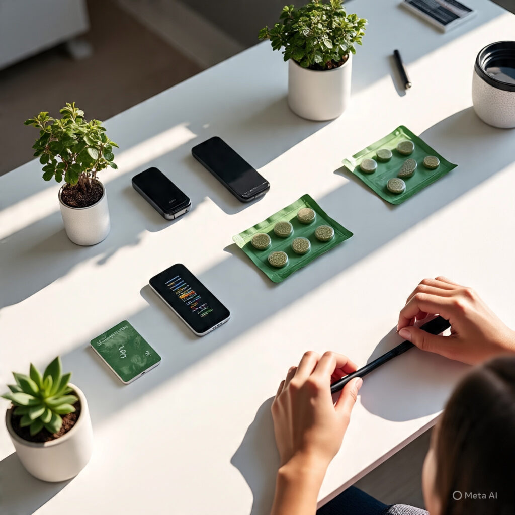 Smart home and wellness products by Apply Qullnowisfap Products displayed on a modern eco-friendly desk setup
