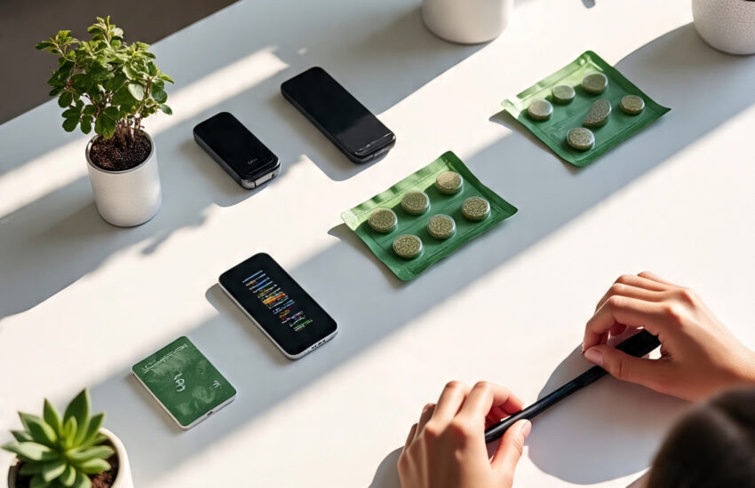 Smart home and wellness products by Apply Qullnowisfap Products displayed on a modern eco-friendly desk setup